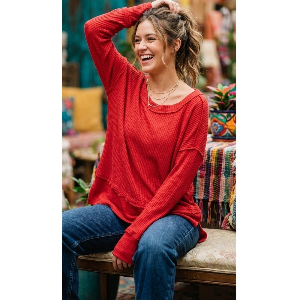 We The Free S Women's Red Waffle Knit Long Sleeve Top Oversized Inside Out Look